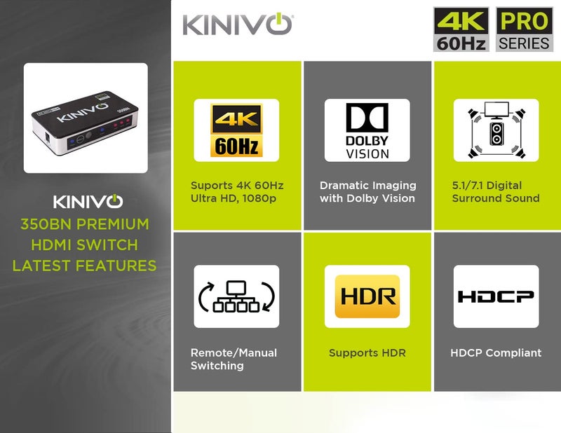 Kinivo HDMI Switch 4K HDR 350BN (3 in 1 Out, 4K 60Hz HDR, HDMI 2.0, High Speed 18Gbps, IR Remote, HDCP) - Compatible with Roku, PS5, Xbox, Apple TV, Nintendo Switch, Cable Box - Image 3